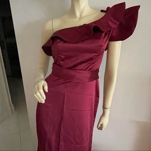 Lazaro asymmetrical ruffled one shoulder formal gown